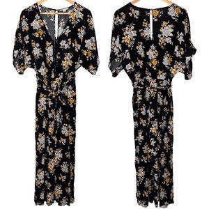 American Eagle Floral Print V Neck Hook-and-eye Tie Waist Wide Leg Jumpsuit Sz M